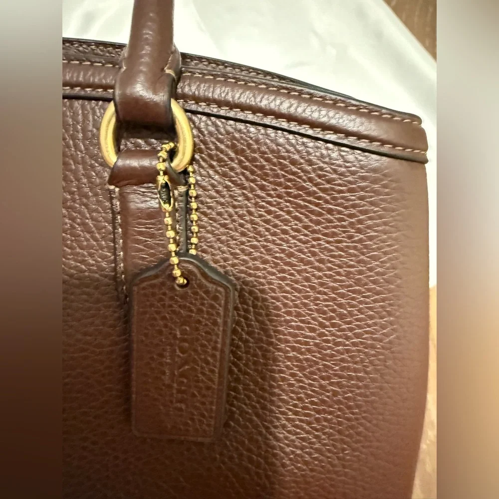 Coach Dark Brown Pebbled Leather Satchel with Gold Accent